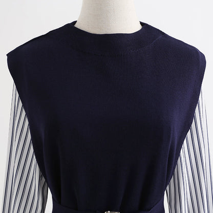 Temperament striped shirt knitted vest two-piece suit dress  2278