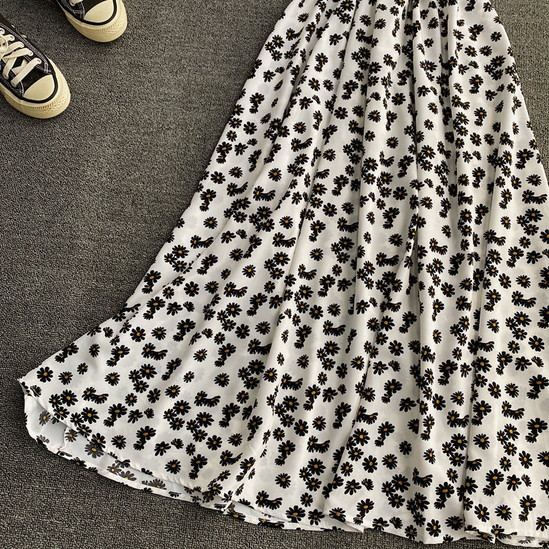 Floral skirt hanging neck V Chiffon Dress  3414