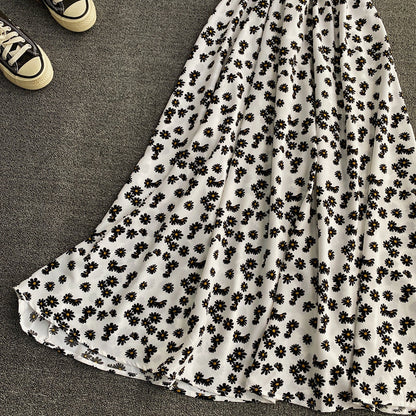 Floral skirt hanging neck V Chiffon Dress  3414