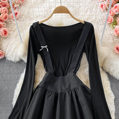 Pleated long sleeve dress women's slim A-line skirt  3259