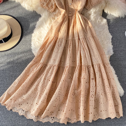 Elegant bubble sleeve long skirt with large hem  3065