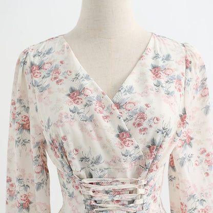 Women's floral dress thin chiffon skirt bandage gentle wind tea break skirt  2179