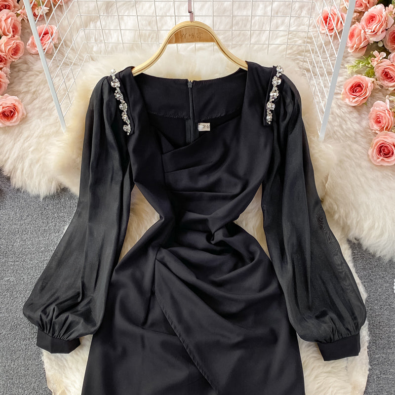 Korean French retro bubble sleeve temperament square neck dress  2844