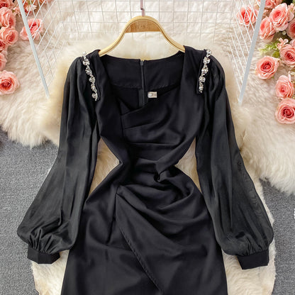 Korean French retro bubble sleeve temperament square neck dress  2844