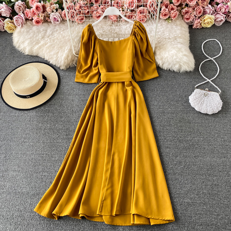 French square neck bubble sleeve lace up waist slim backless dress  3170