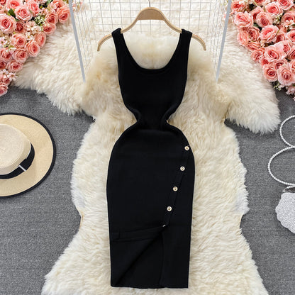 Narrow waist single breasted knitted suspender dress  2898