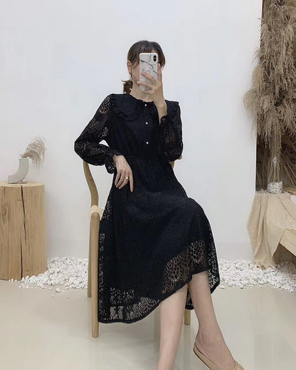 New Lapel lace long sleeve high waist slim gentle long skirt  2390