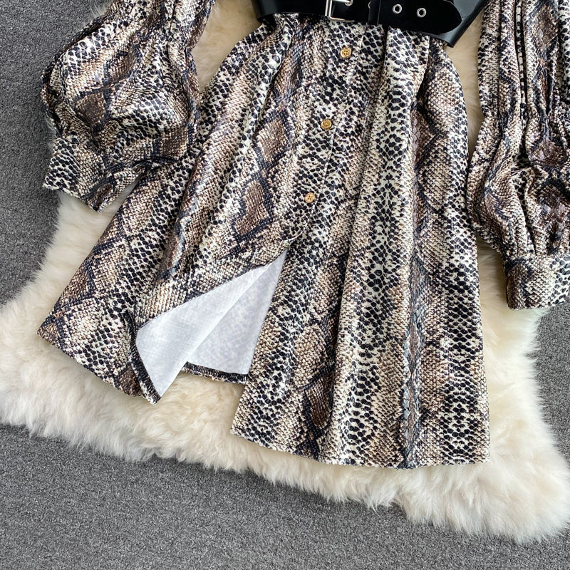 Shang Snake Print Lantern Sleeve single breasted Lapel dress  3122