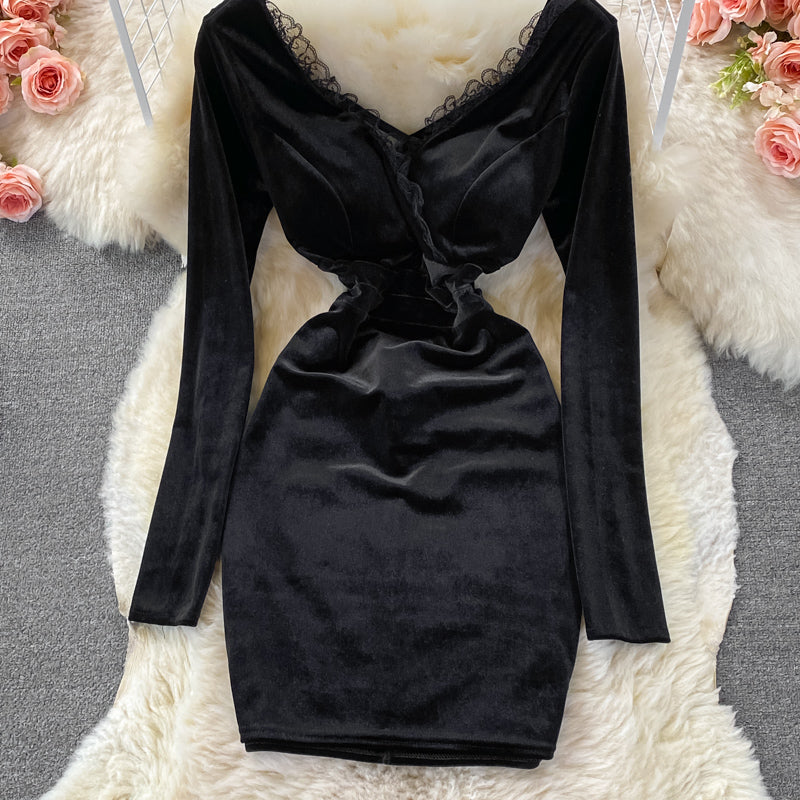 Sexy deep V-neck lace stitched velvet dress  3102