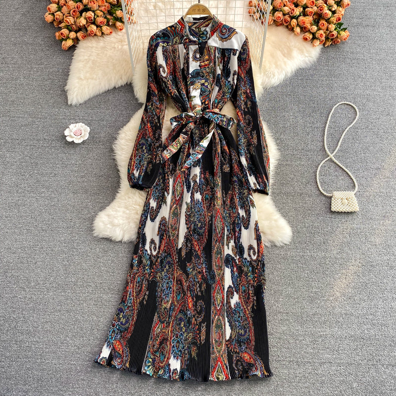 Temperament stand collar printed Pleated Dress  3362