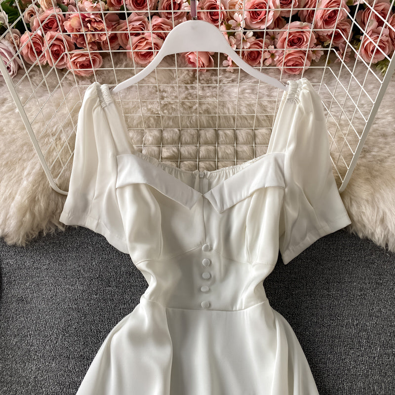 Slim waist, foreign style, bubble sleeve, square neck dress  3045