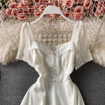 Slim waist, foreign style, bubble sleeve, square neck dress  3045