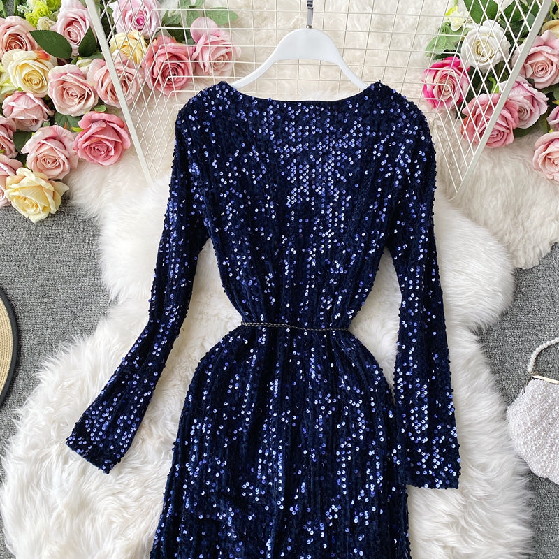 V-neck Sequin dress long sleeve waist closing lady temperament long skirt  3139