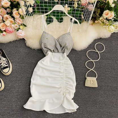 Suspender skirt low chest V-neck waist tight hip drawstring fishtail skirt  2931