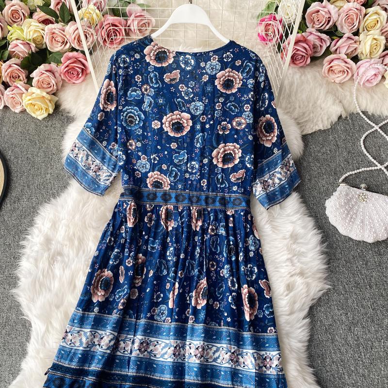 Ruffle floral dress big skirt holiday gentle wind long skirt  3141