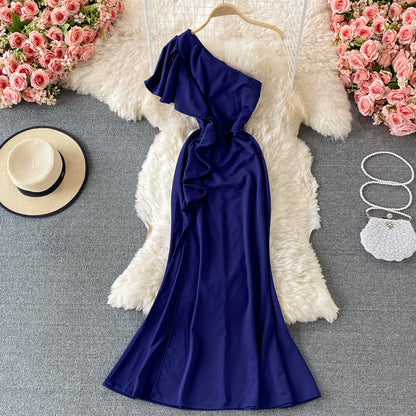 Sexy ruffled diagonal neckline backless dress  2974