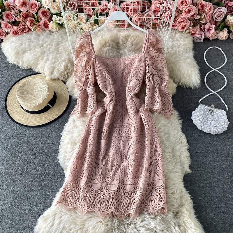 Lace cut-out foreign style bubble sleeve slim dress  2891