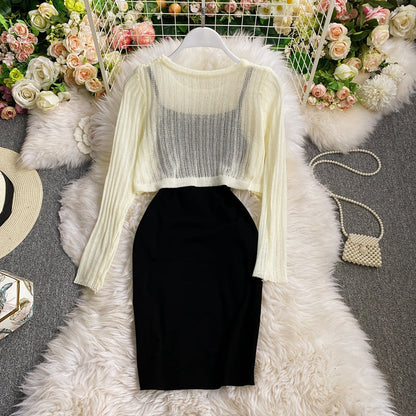 Long sleeved Knitted Blouse hip strap dress  2764