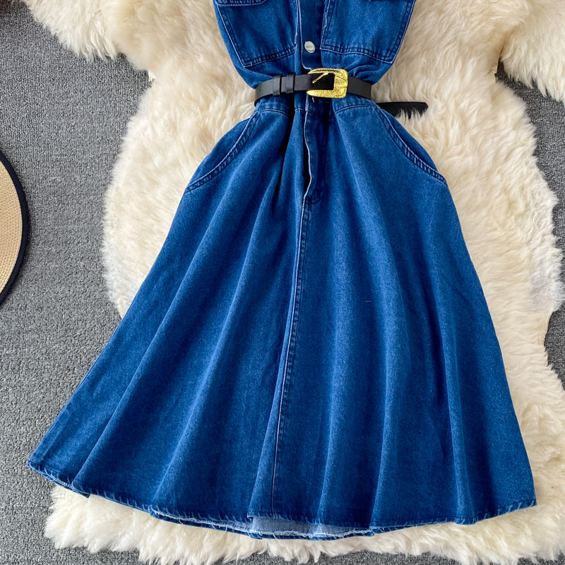 Sleeveless denim medium length open back Lapel dress  3213