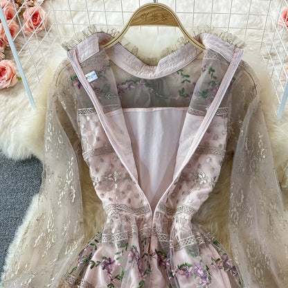 Light luxury stand collar embroidered lace dress  3370