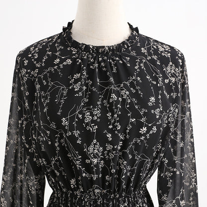 Chiffon pleated skirt, fungus floral dress, slim dress, lady dress  2432
