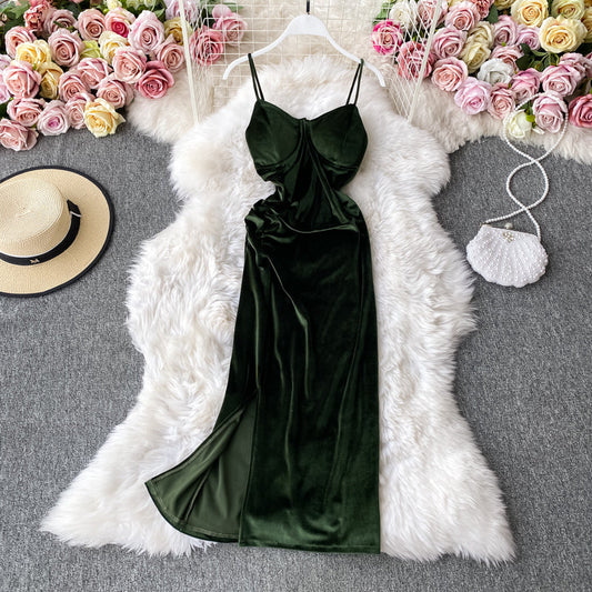 Vintage Hepburn velvet dress split Strapless suspender dress  3142