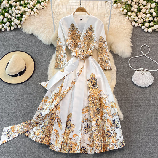 Court Vintage printed long sleeved dress with large swing  3382