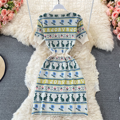 Cartoon rabbit letter jacquard V-neck slim dress  3196