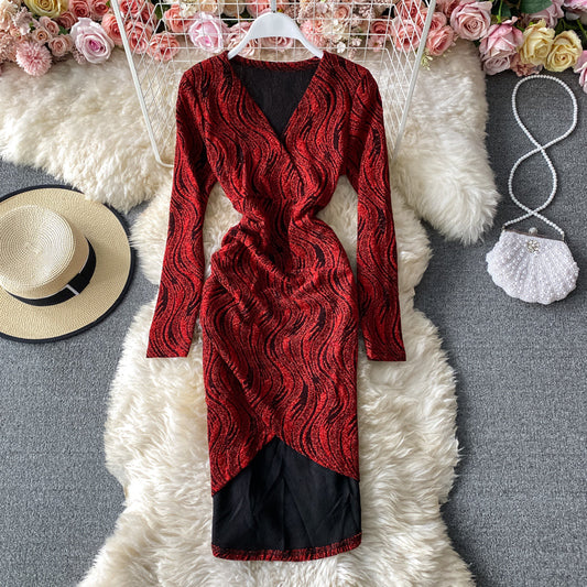V-Neck long sleeve dress slim bottomed Hip Wrap Skirt  3151