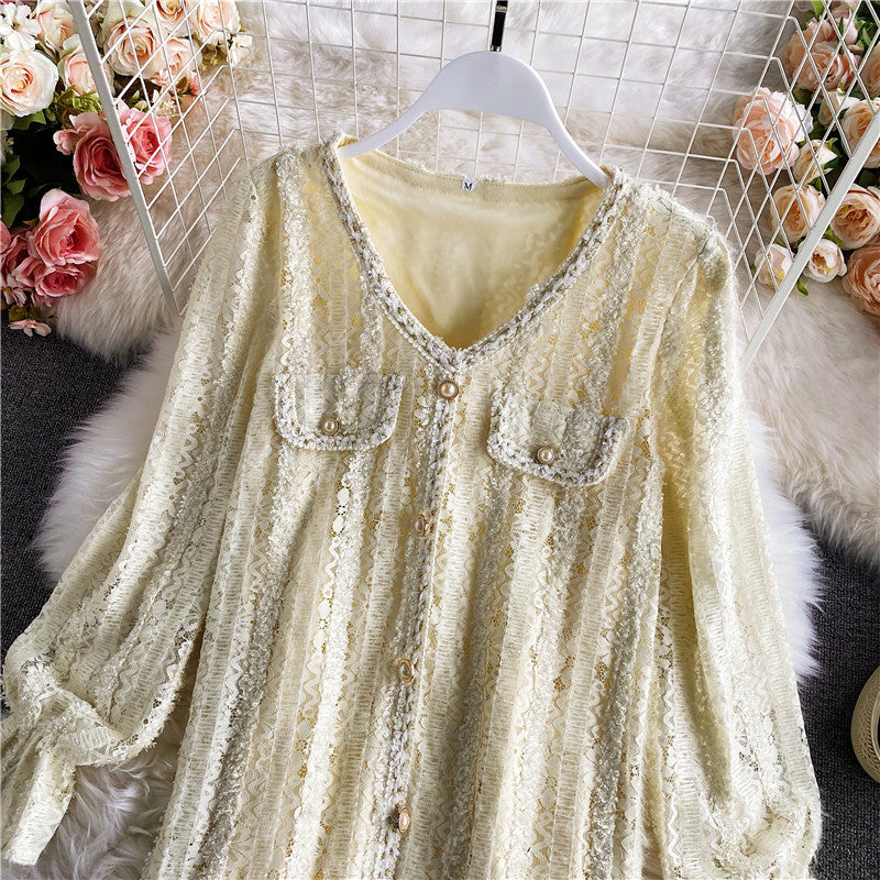 Ruffle panel lace flare sleeve French long sleeve V-neck dress  3146