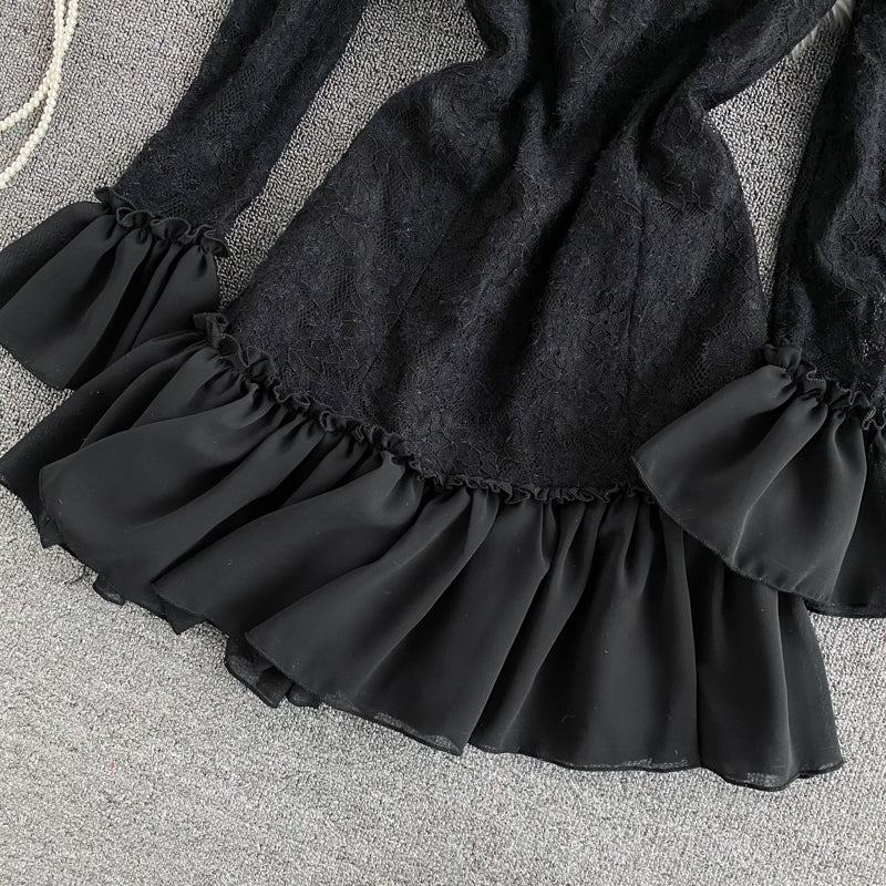 Lace patchwork Ruffle Dress flare sleeve  3285