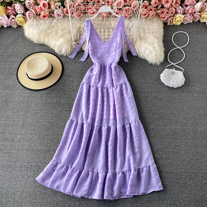 Seaside holiday V-neck backless dress  2935