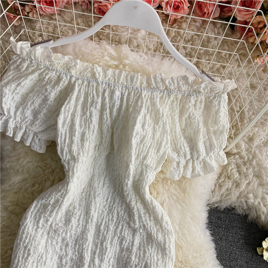 Retro sweet waist closed thin off shoulder backless dress  2889