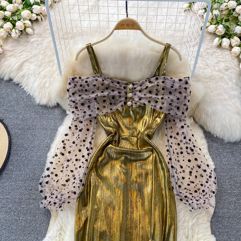 Metallic mosaic dot mesh suspender dress dress dress  3268