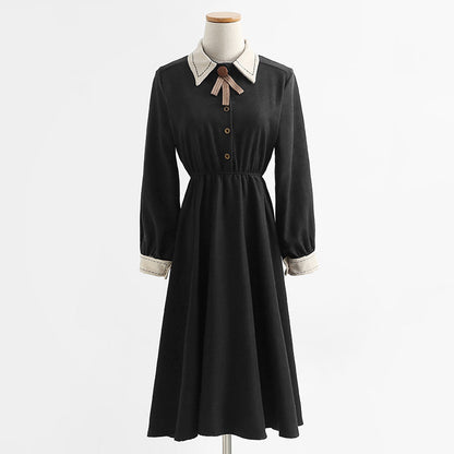 Long sleeved dress, academic style, thin temperament, knee length skirt, French long skirt, female  2159