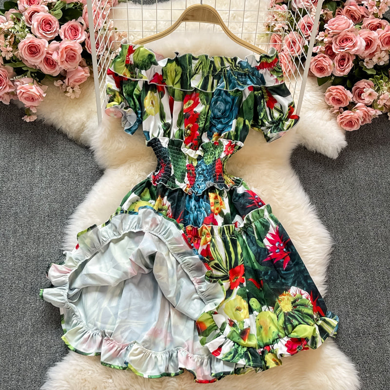 Waist print Ruffle A-line skirt dress  3194
