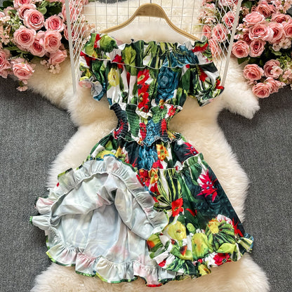 Waist print Ruffle A-line skirt dress  3194