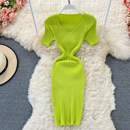 V-neck slim knit dress Hip Wrap  2973