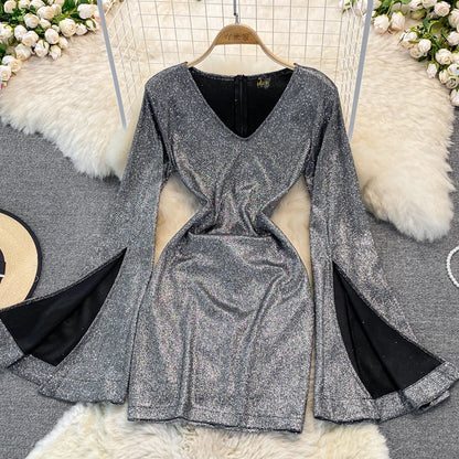 High waist V-neck flare flare sleeve dress  2871