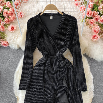 Hot diamond V-neck velvet dress fishtail long skirt  3107