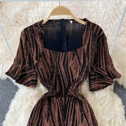 Temperament square collar bright silk slim fit split hip dress  3338