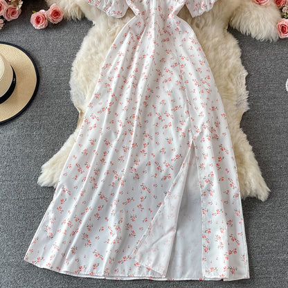 Slim waist with broken flower hanging neck square neck dress  3216