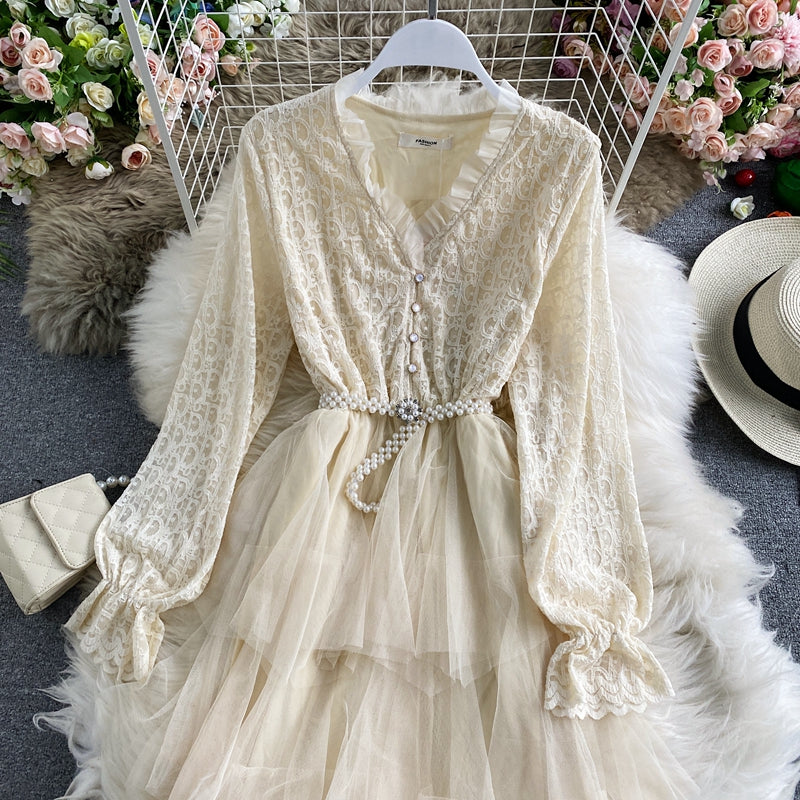 Mesh Ruffle lace patchwork cake skirt dress  3282