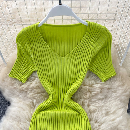 V-neck slim knit dress Hip Wrap  2973