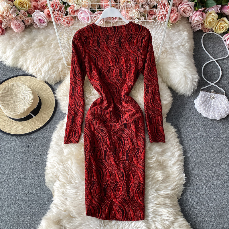 V-Neck long sleeve dress slim bottomed Hip Wrap Skirt  3151
