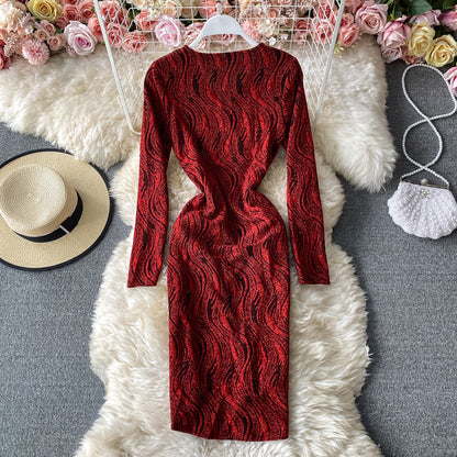 V-Neck long sleeve dress slim bottomed Hip Wrap Skirt  3151