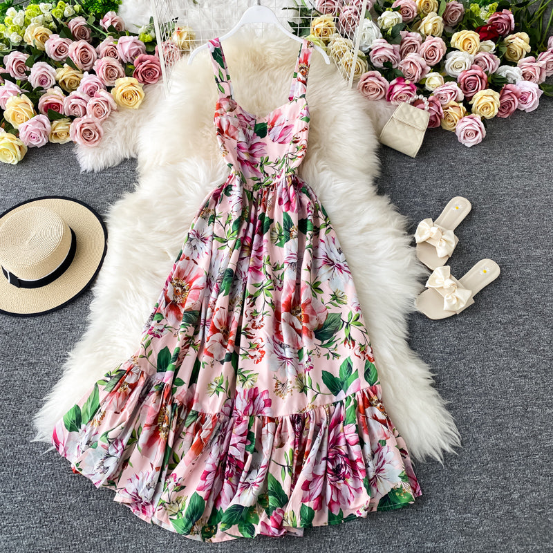 Floral dress open back French long skirt  2847