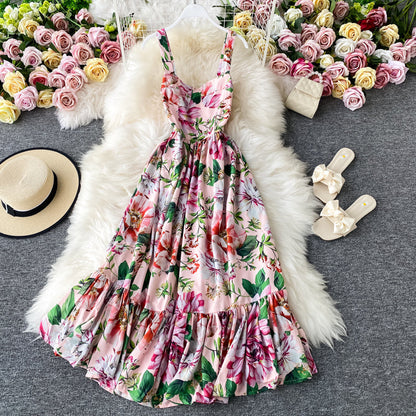 Floral dress open back French long skirt  2847