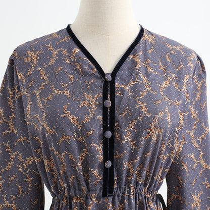 French retro minority temperament gentle wind long sleeve Floral Dress  2254