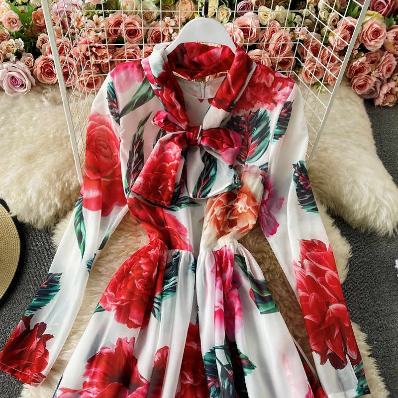 French elegant rose print Crew Neck Dress  3419